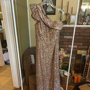 Gown; Champagne Sequins; One Shoulder